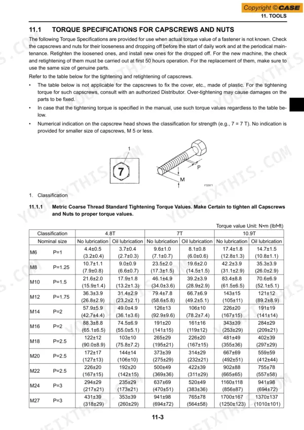 Case CX17B service manual page showing metric coarse thread standard tightening torque specifications table for capscrews and nuts.