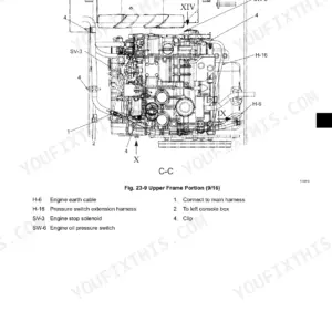 Case CX17B electrical system diagram showing upper frame engine harness routing, earth cable, and oil pressure switch locations.