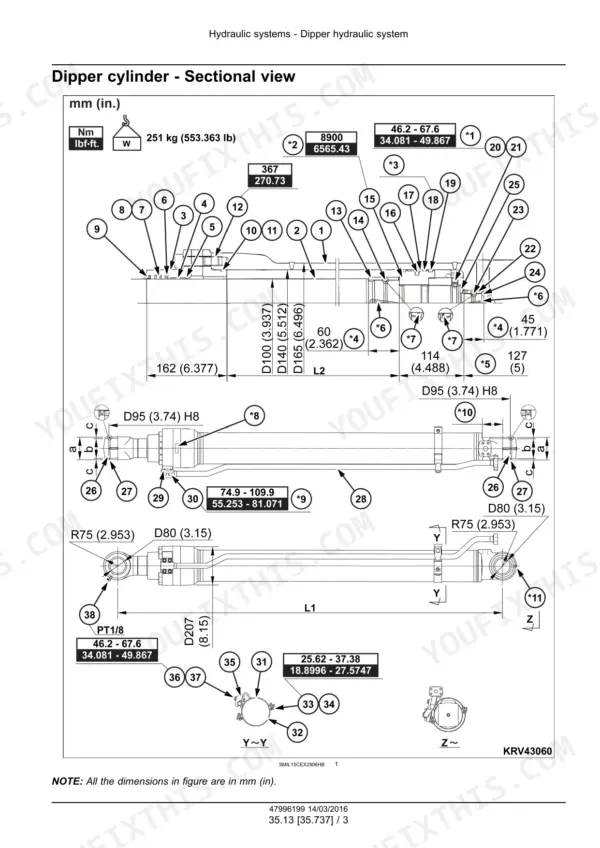 Dipper cylinder sectional view with numbered parts and dimension callouts in millimeters and inches