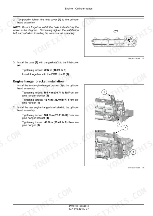 Engine hanger bracket installation procedure with numbered photo callouts and tightening torque values
