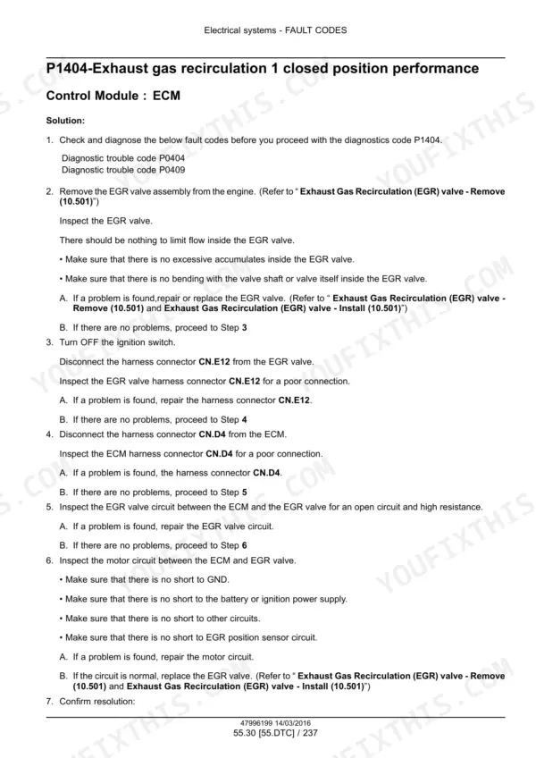 DTC fault code troubleshooting procedure for EGR position performance, with numbered diagnostic steps and control module references