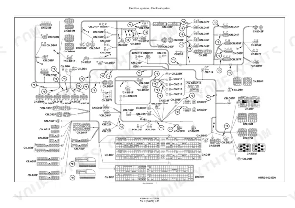 Wiring harness and connector routing diagram with wire colour codes across dozens of numbered connectors