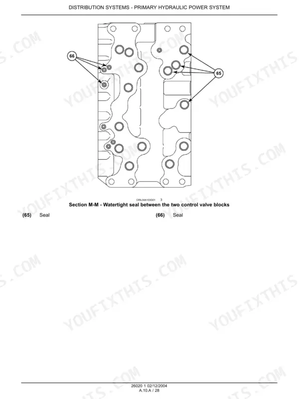 Case CX225SR hydraulic control valve block seal diagram, Section M-M showing seal locations 65 and 66.