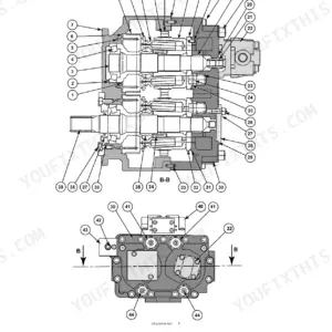 Case CX225SR hydraulic pump sectional view diagram showing internal components and pump assembly.