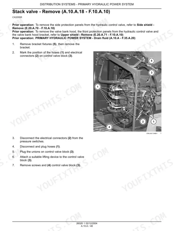 Case CX225SR stack valve removal procedure with hydraulic control valve component diagram.