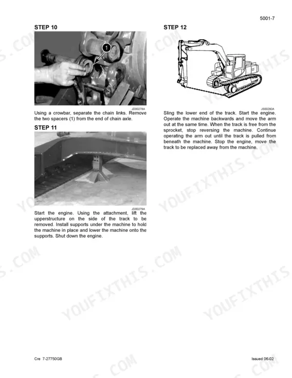 Case CX290 service manual procedure for track removal, showing chain link separation, machine support, and track extraction steps.