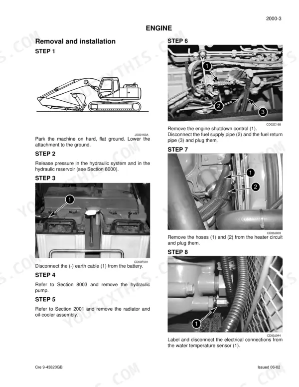 Case CX290 engine removal and installation steps, including battery, fuel lines, heater hoses, and water temperature sensor.