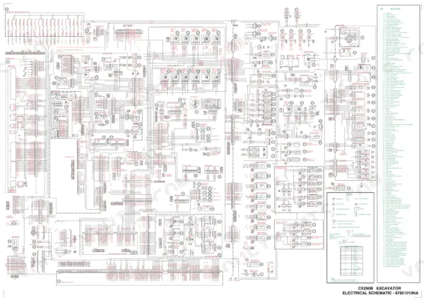 Case CX290B complete electrical schematic diagram showing relays, fuses, controllers, sensors, and wiring harness connections.