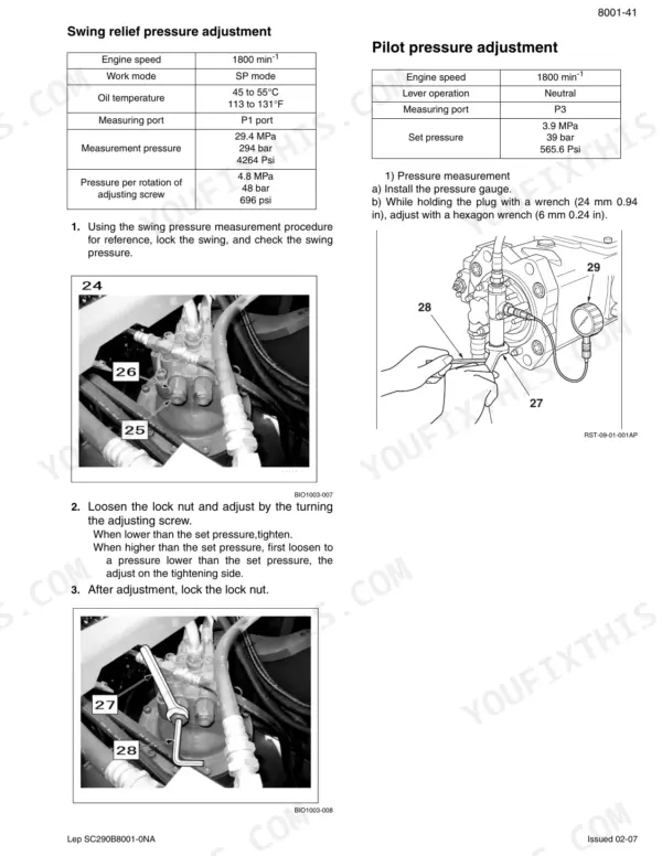 Case CX290B swing relief and pilot pressure adjustment procedures, including pressure setting tables and component diagrams.