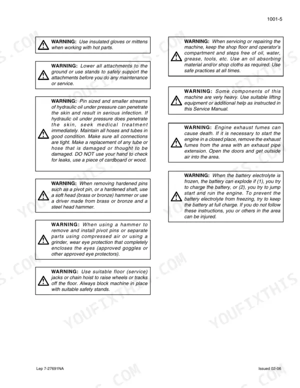 Case CX290B service manual page 1001-5 listing essential safety warnings for hydraulic, battery, and lifting procedures.