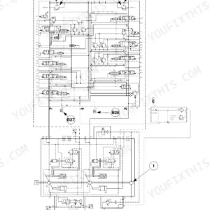 Case CX330, CX350 hydraulic system diagram showing main control valve, pump flow, and pilot pressure circuit components.