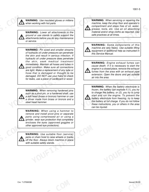 Case CX330, CX350 service manual page listing general safety warnings for hydraulic, battery, and heavy component maintenance.