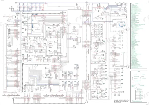 Case CX330, CX350 excavator electrical schematic diagram showing wiring connections, fuses, relays, and component legend.