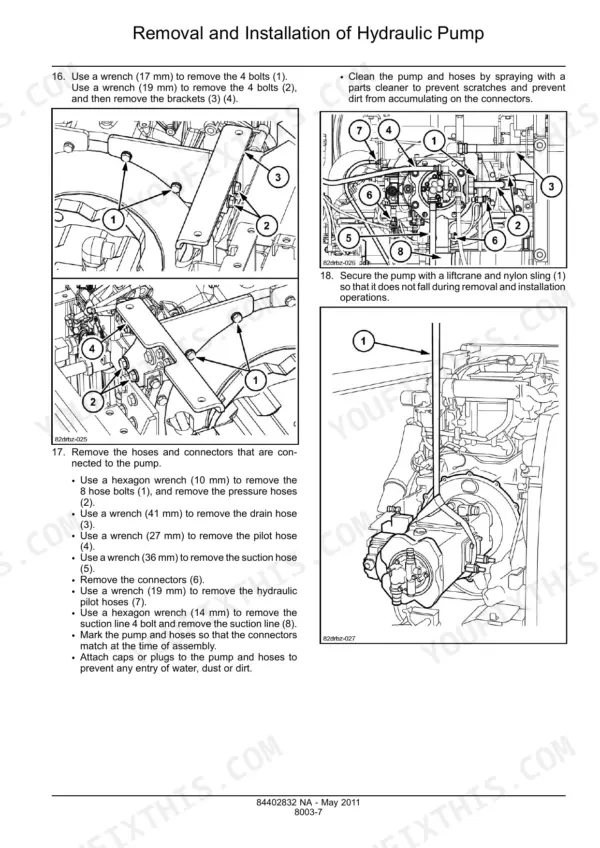 Case CX350C hydraulic pump removal and installation procedure with component diagrams for bolts, hoses, and lifting sling.