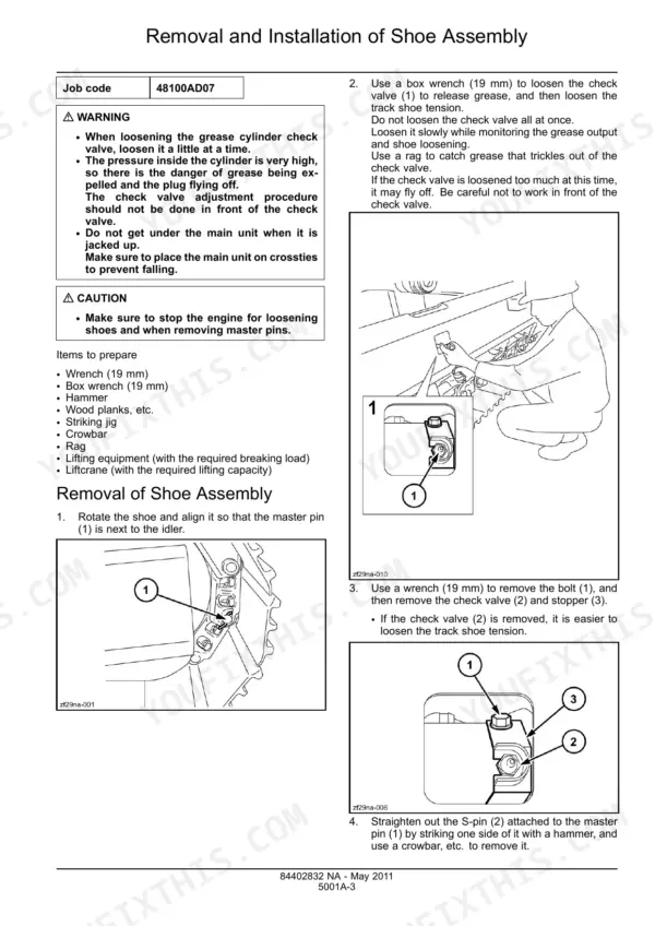 Case CX350C removal and installation procedure for shoe assembly, including grease cylinder check valve and master pin diagrams.