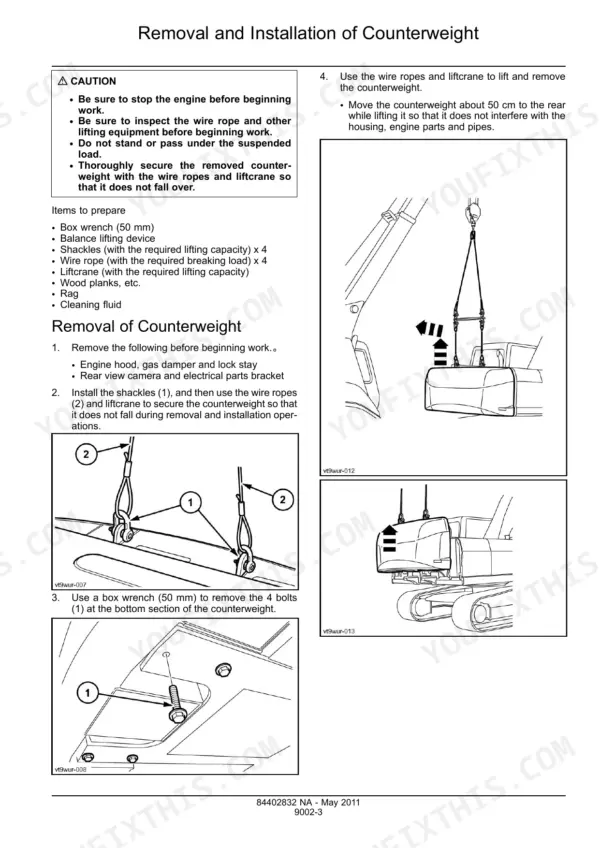 Case CX350C counterweight removal and installation procedure with lifting diagrams and bolt removal instructions.