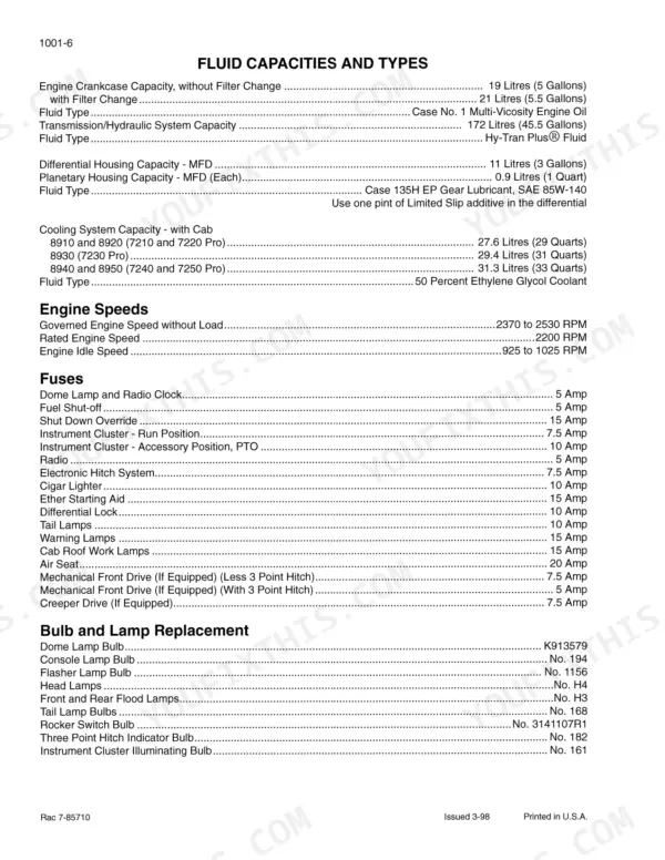 Case IH 7200 Pro and 8900 Series fluid capacities, engine speeds and fuse ratings