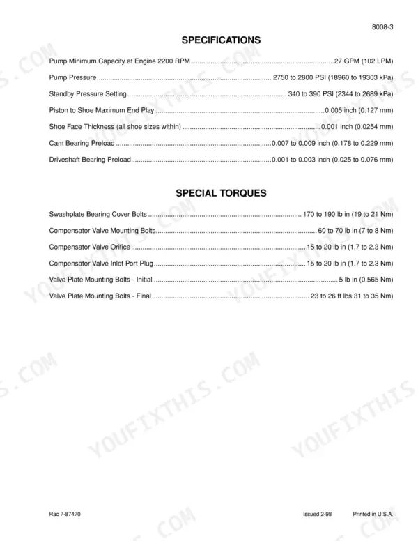 Case IH hydraulic piston pump specifications and special torques