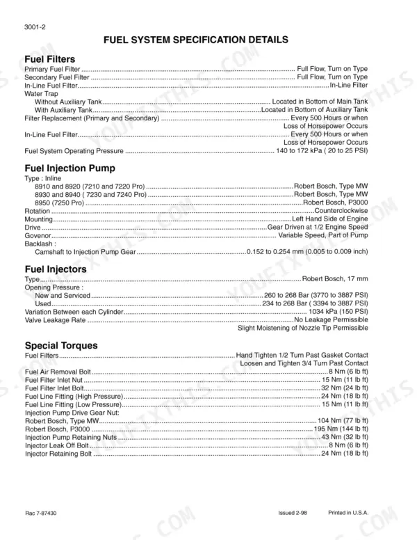 Case IH fuel system special torques for injection pump and injector fasteners