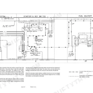 Case IH charging system, starter and fuel shutoff ladder schematic with wire gauge and colour codes