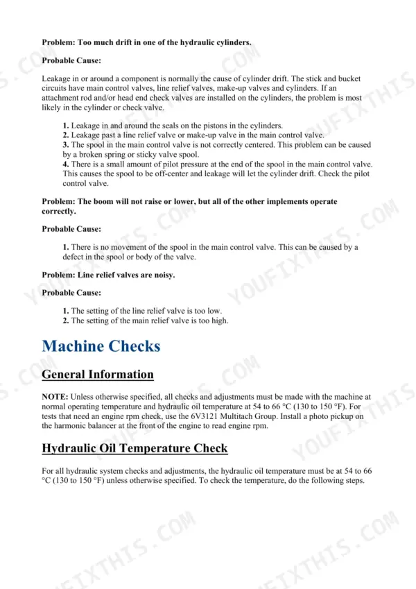 Hydraulic cylinder drift and control valve troubleshooting causes list