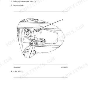 Air conditioner and heater installation step showing the cab being lowered and the mounting bolt aligned