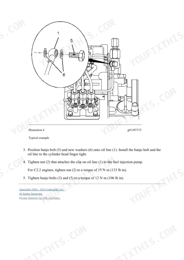 Engine oil line banjo bolt and washers with torque values, from the bundled C2.2 engine publication