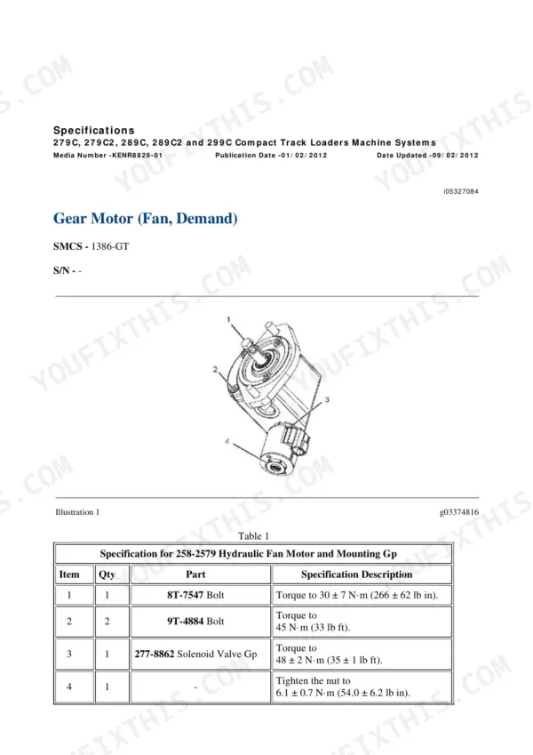 Caterpillar 279C hydraulic fan motor mounting torque table with part numbers
