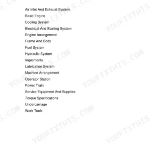 Caterpillar 287C Multi Terrain Loader repair manual contents page listing the 17 machine sections