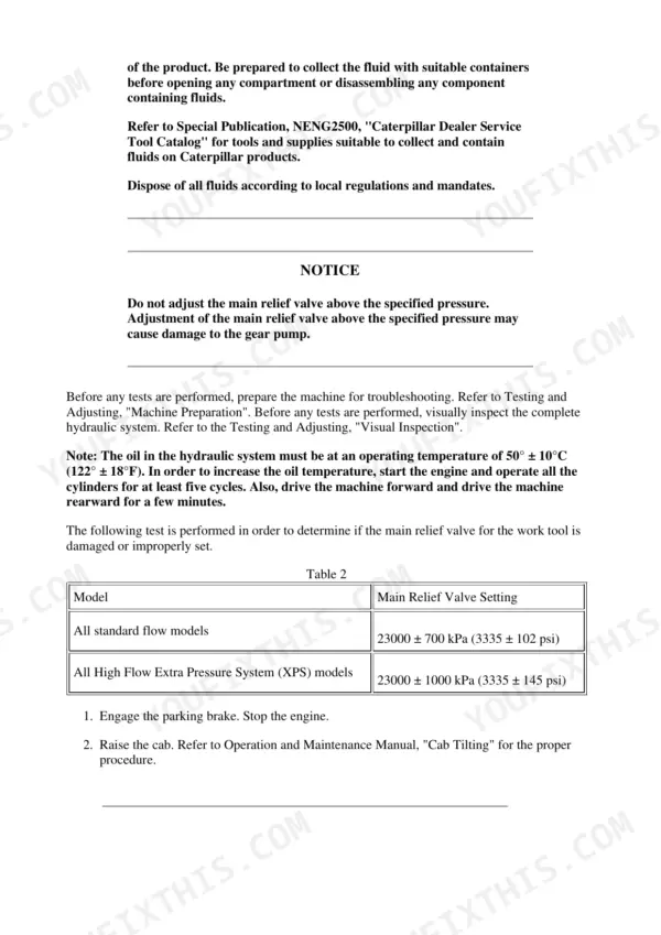 Caterpillar 287C main relief valve test page showing the 23000 kPa setting for standard flow machines