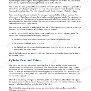 Caterpillar 312B excavator repair manual, air inlet and exhaust system: turbocharger operation, showing the compressor and turbine wheels carried on a common shaft and the path of inlet air into the engine.
