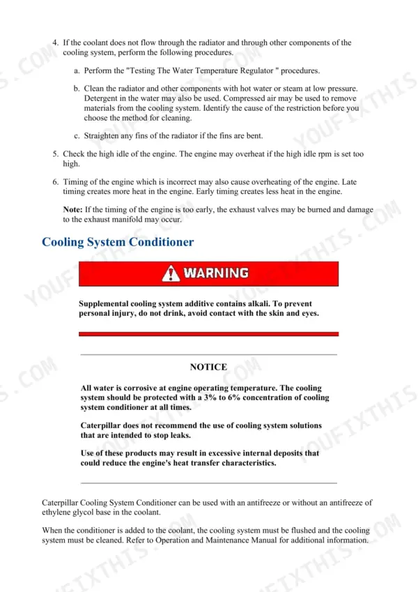 Caterpillar 312B excavator repair manual, cooling system: service procedure for testing the water temperature regulator and cleaning the radiator and cooling system components.