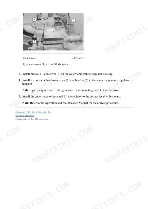 Caterpillar 312B excavator repair manual, cooling system: installing the cover and bracket onto the water temperature regulator housing, with the bolt count that differs between engine types.