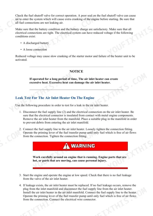 Caterpillar 312B excavator repair manual, electrical and starting system testing: checks for air drawn in at fuel connections, battery condition and loose electrical connections that leave the system at reduced voltage.
