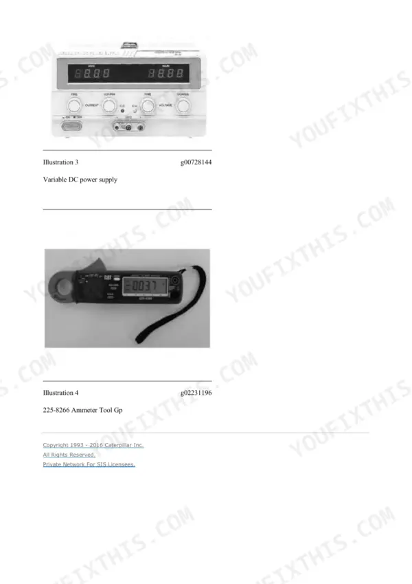 Caterpillar 312B excavator repair manual, electrical system troubleshooting: variable DC power supply and ammeter tool group set up for circuit testing.