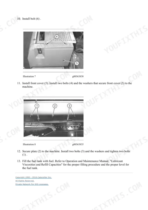 Caterpillar 312B excavator repair manual, fuel system: closing steps of fuel tank installation, securing the front cover and plate before refilling the tank.