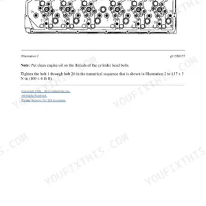 Cat C4.2 cylinder head bolt tightening sequence, with all twenty-six bolts numbered on the illustration and the torque figure given beside it