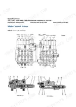 caterpillar-320-320l-320n-320s-excavator-repair-manual-hydraulic-components-3050.webp Main control valve specifications: the stacked valve assembly drawn with its sections labelled stick, boom, bucket, attachment, travel, straight travel and swing, plus two sectional views through the spools with numbered callouts