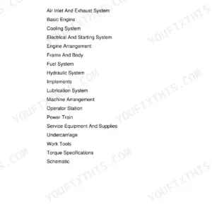 Caterpillar 320C repair manual contents page listing all 18 sections from Air Inlet And Exhaust System to Schematics