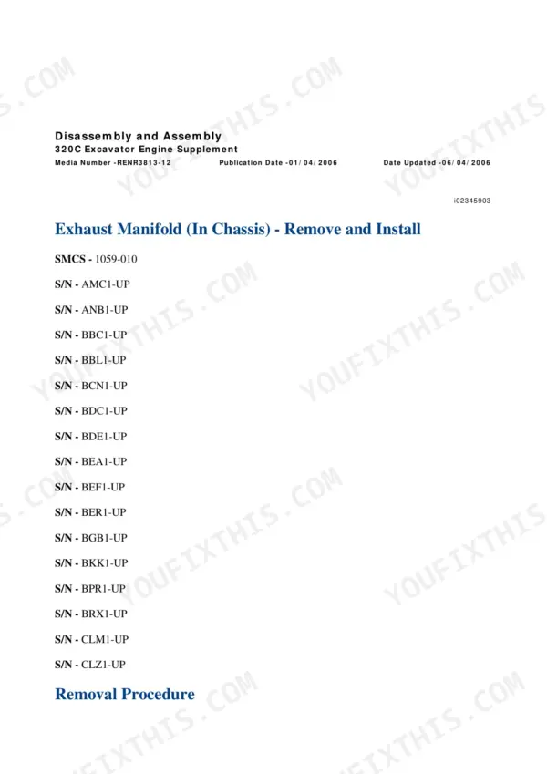 Caterpillar 320C manual serial number coverage page listing the S/N prefixes the service documents apply to