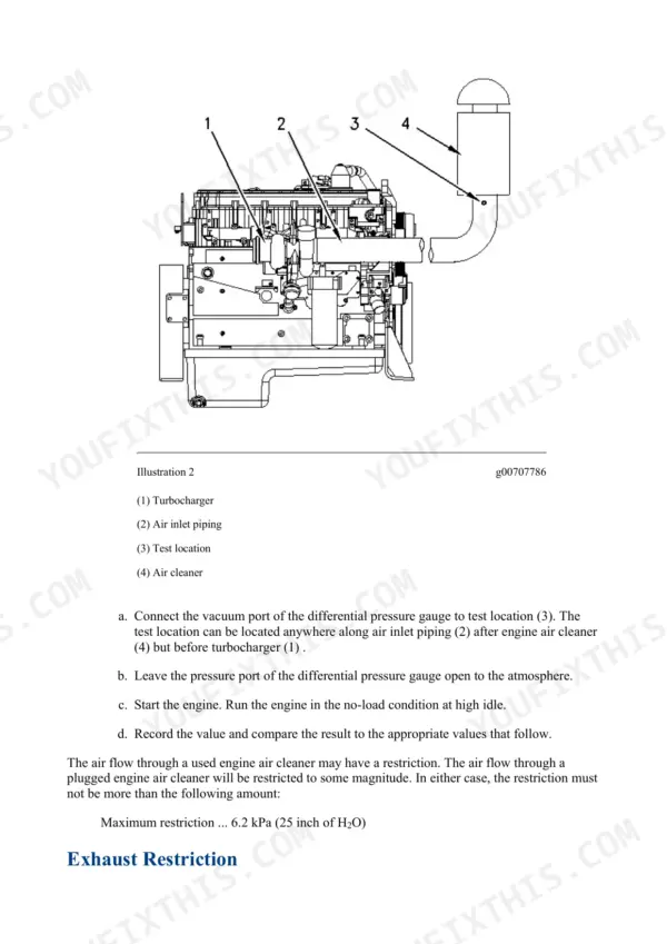 Engine air inlet restriction test setup diagram showing turbocharger, air inlet piping, test location and air cleaner, Caterpillar 325 325L