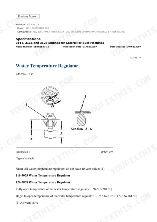 Water temperature regulator cross section with opening temperature specifications, Caterpillar 325 325L cooling system