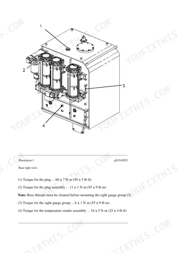 Caterpillar 385C hydraulic tank fastener torque callouts on a rear right view
