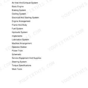 Caterpillar 924G wheel loader repair manual, master contents page listing every system the manual covers, from air inlet and exhaust through power train and work tools.