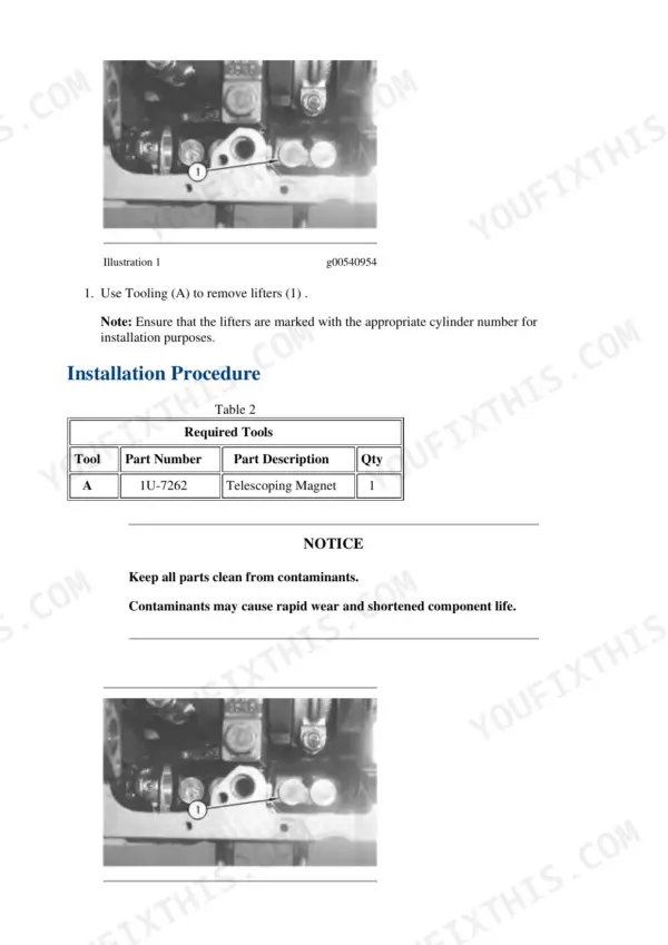 Caterpillar 924G wheel loader repair manual, basic engine: removing the valve lifters with the special tooling, with the note to mark each lifter to its cylinder before installation.