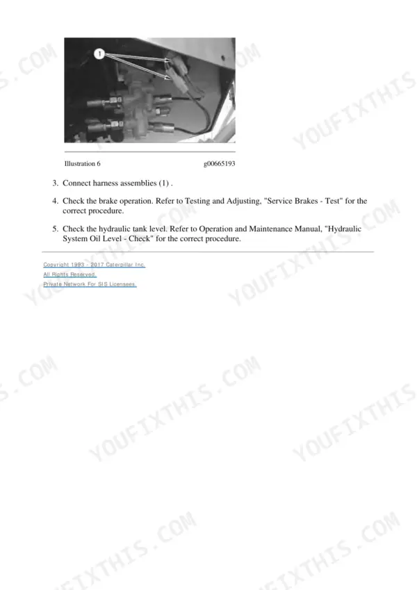 Caterpillar 924G wheel loader repair manual, braking system: reconnecting the harness assemblies and checking brake operation against the service brake test.