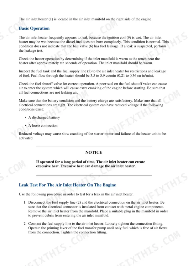 Caterpillar 924G wheel loader repair manual, electrical and starting system: the air inlet heater in the inlet manifold and why it is often mistaken for a leak when the ignition coil is at fault.