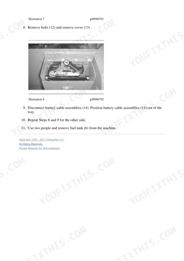 Caterpillar 924G wheel loader repair manual, fuel system: removing the cover bolts and disconnecting the battery cable assemblies before further teardown.