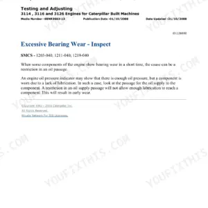 Caterpillar 3116 engine testing and adjusting page, Excessive Bearing Wear - Inspect, on a restricted oil supply passage as the cause of early bearing wear