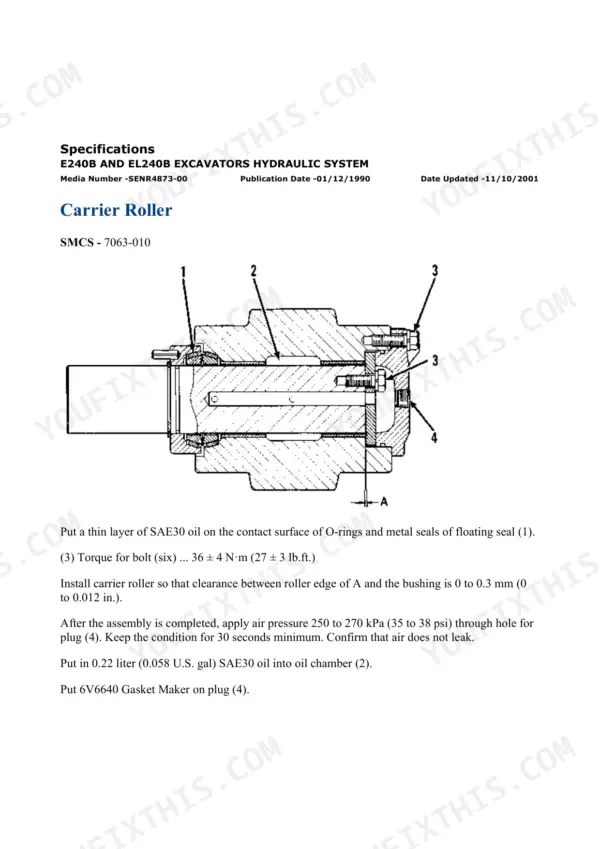 Carrier roller cross section with torque and clearance specifications, Caterpillar E240B EL240B undercarriage